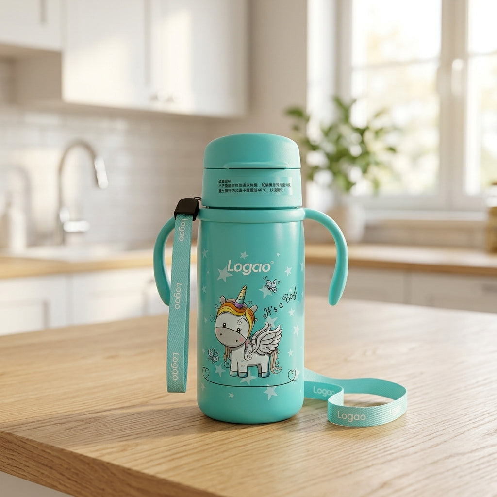 Logao Vacuum Straw Stainless Steel Cup with Unicorn Print – 240 ml