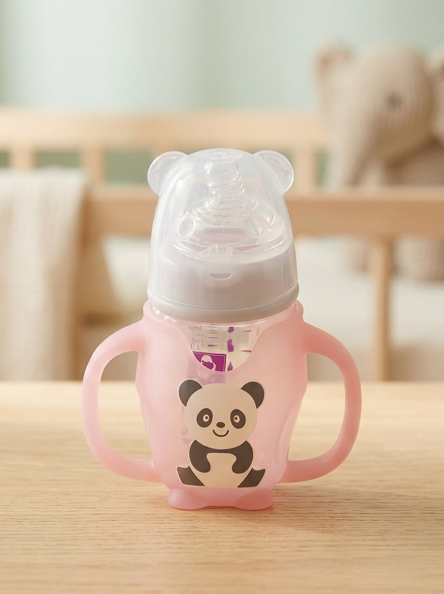 Glass Feeding Bottle with Panda Silicone Sleeve & Handle – 150ml (5oz)