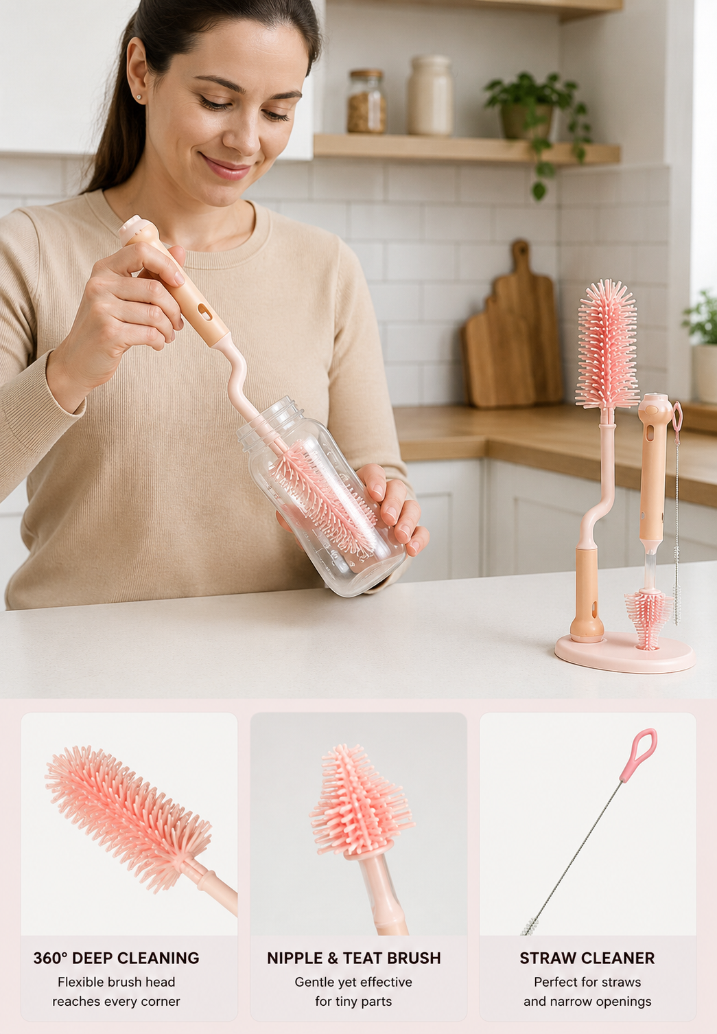Premium 2in1 Silicone Baby Bottle & Nipple Cleaning Brush Set