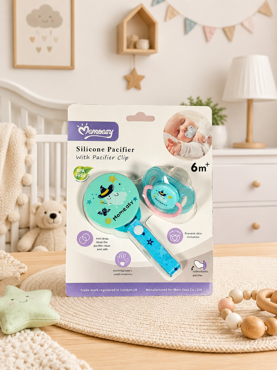 Momeasy Orthodontic Silicone Pacifier with Clip 6M+ BPA Free Baby Soother
