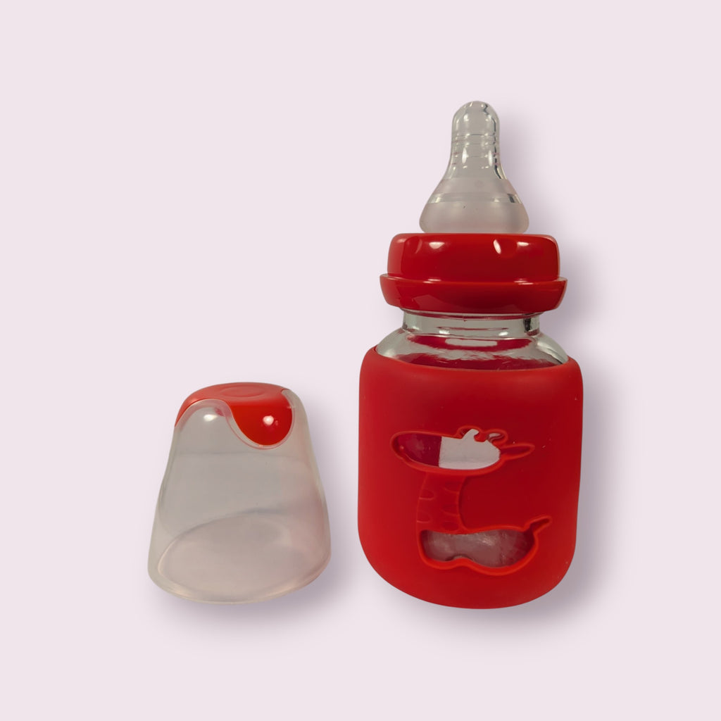 Glass Baby Feeding Bottle with Red Silicone Cover – 80ml (2.5oz)