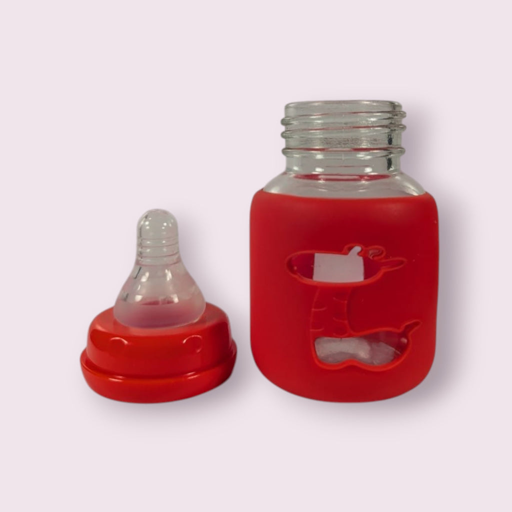 Glass Baby Feeding Bottle with Red Silicone Cover – 80ml (2.5oz)