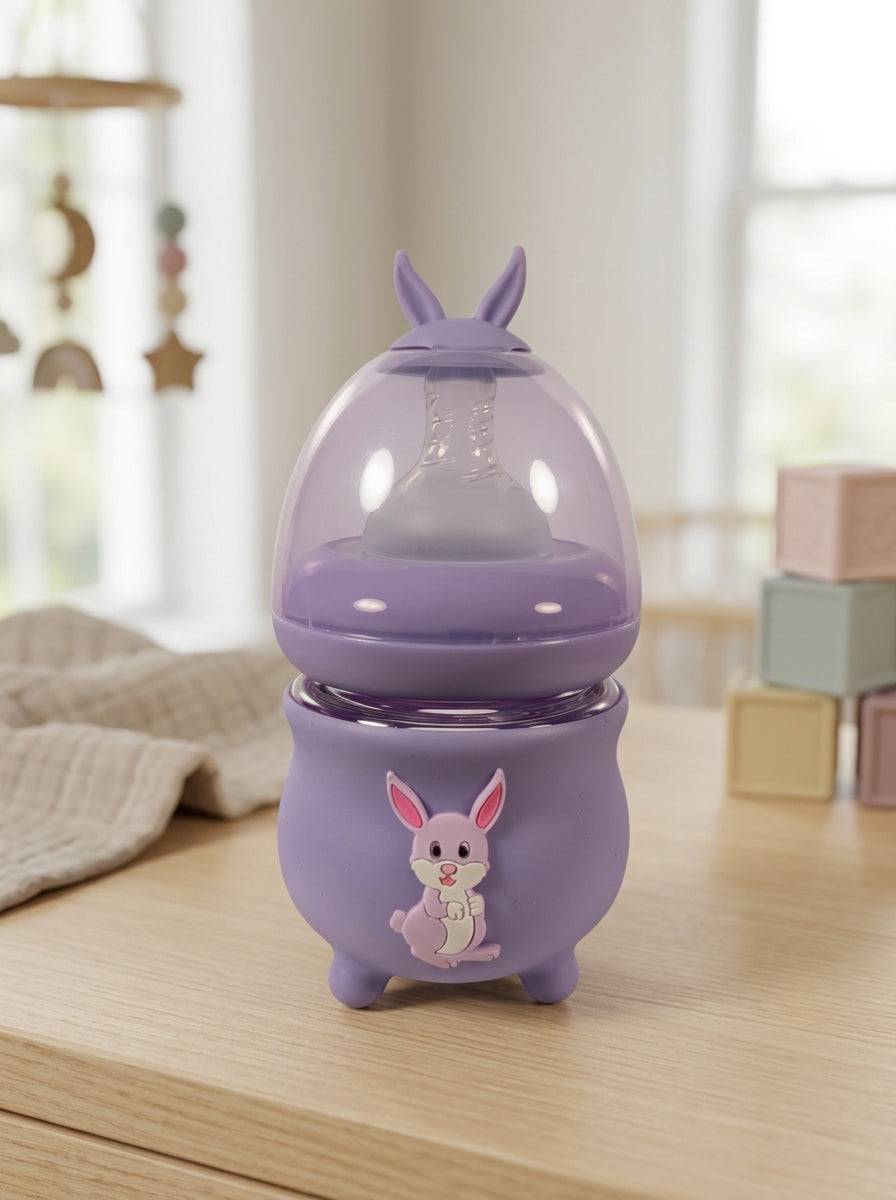 BPA-Free Glass Baby Bottle with Purple Bunny Cover – 80ml