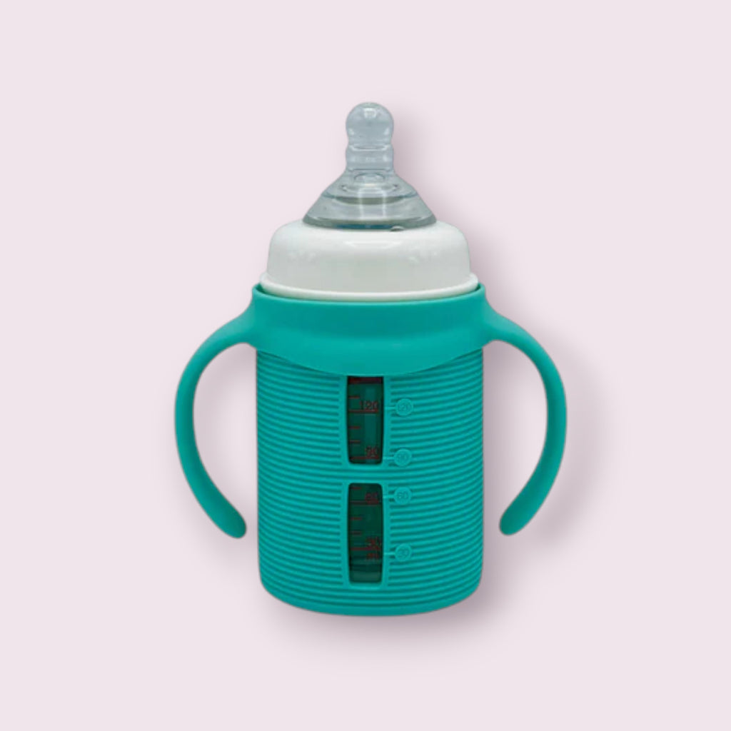 Blue Star Wide-Caliber Glass Feeding Bottle – 160ml with Silicone Sleeve