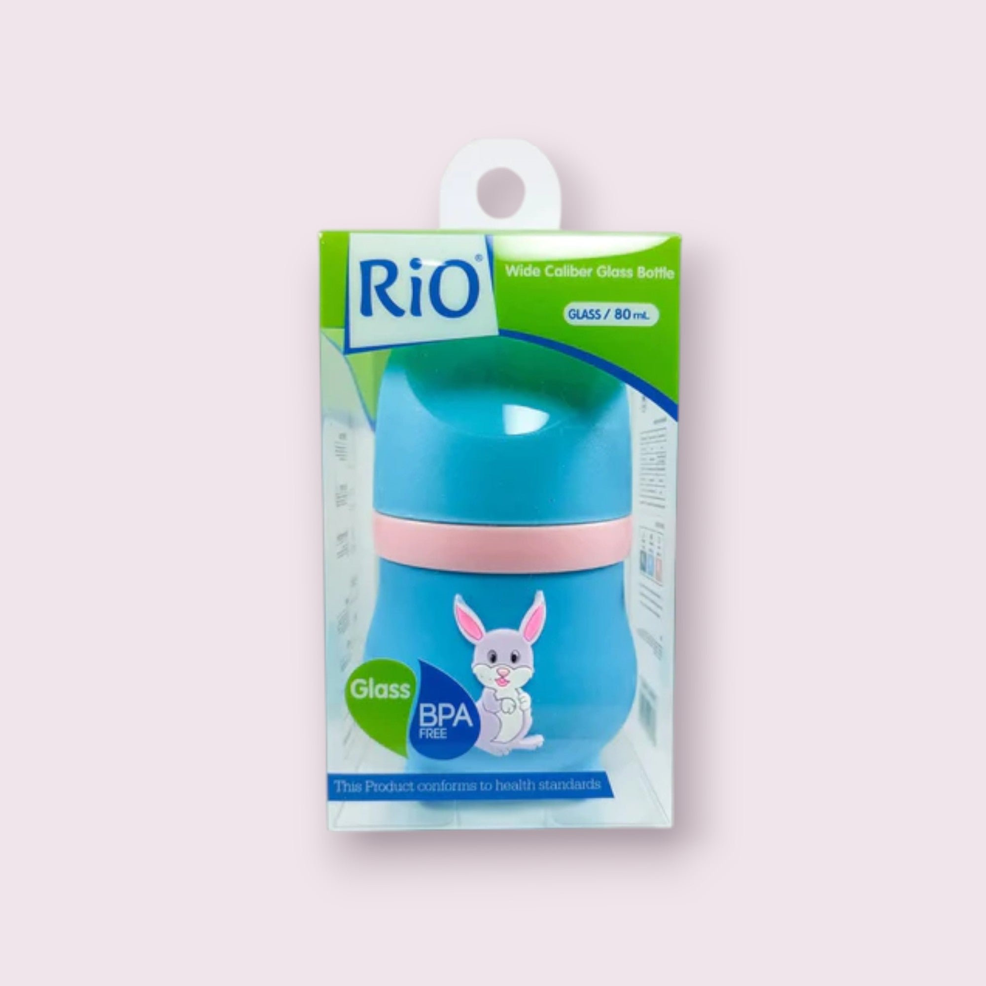 Rio Wide Caliber Glass Feeding Bottle with Rabbit Sleeve – 80ml, BPA-Free