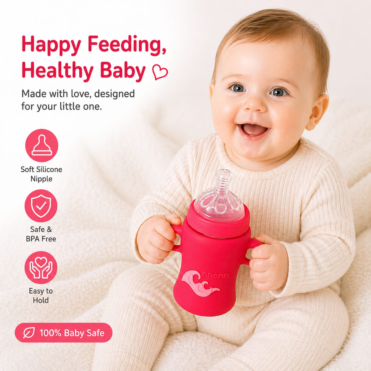 Aneno Baby Premium Glass Feeder – 240ml, Anti-Colic & Break-Proof Design